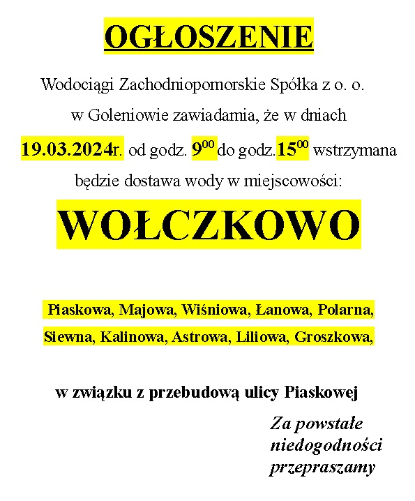 Informacja o wyłączeniu wody w Wołczkowie