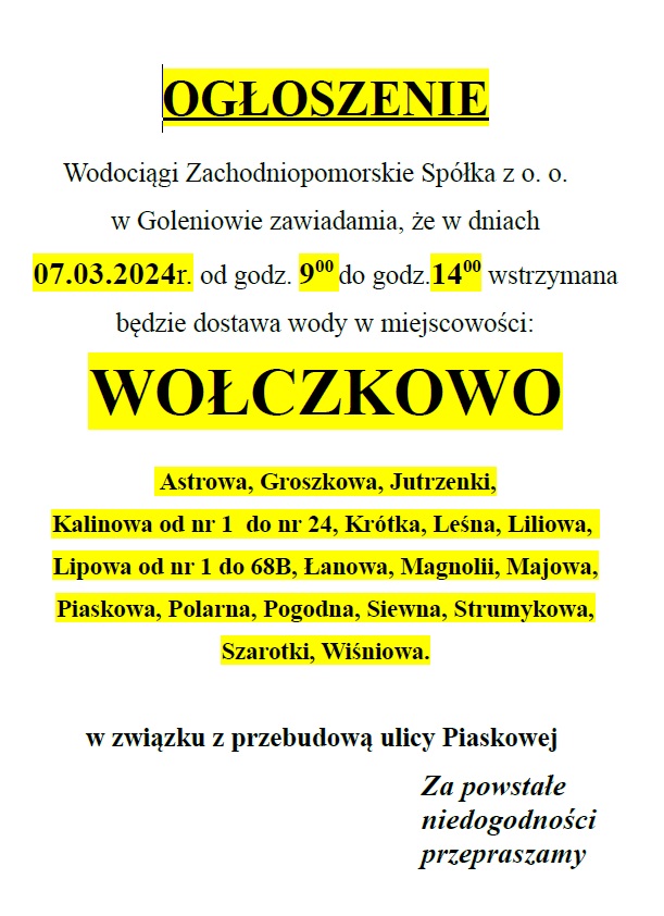 Wstrzymanie dostawy wody w Wołczkowie w dniu 07.03.2024 r.